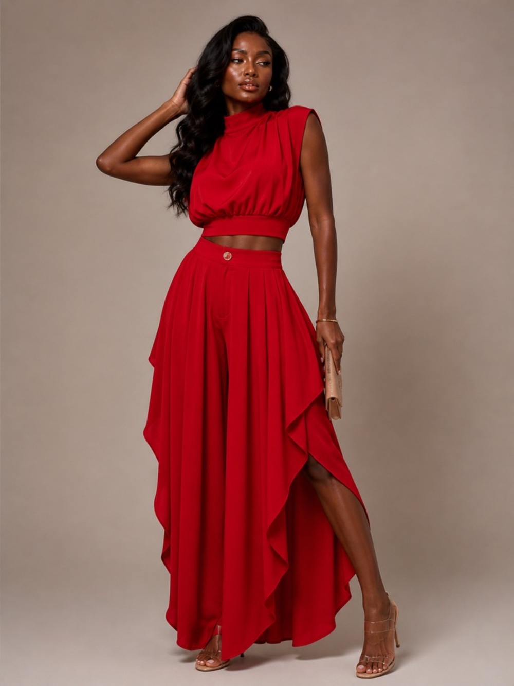 Two-Piece Draped Crop Top & Ruffle Pant  Set